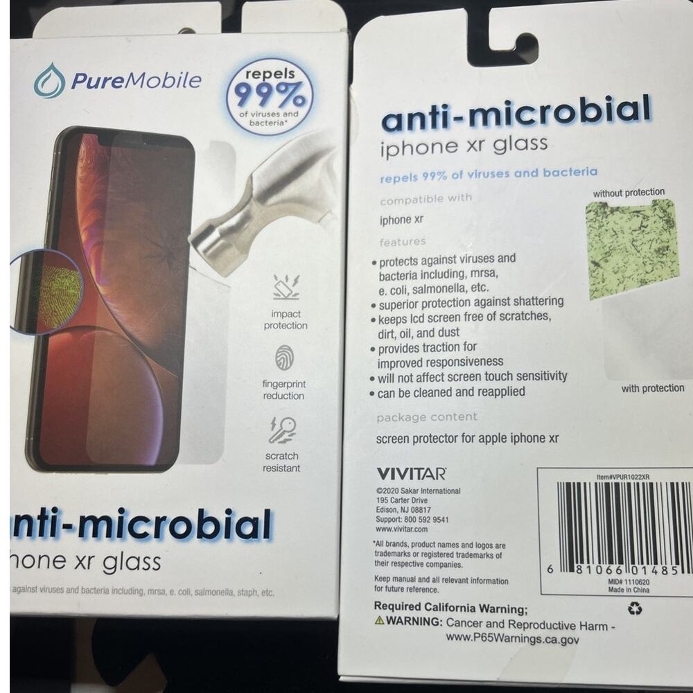 Vivitar PureMobile Anti‑Microbial iPhone XR Glass Screen Protectors NIB 2